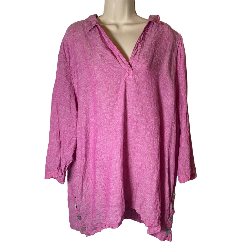 Sigrid Olsen 100% Linen Tunic Top 3X Plus Size Pink Button Side V-Neck Blouse